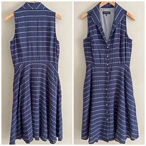 Jones New York Navy Striped Shirt Dress | Sleeveless Button Front Collared Midi
